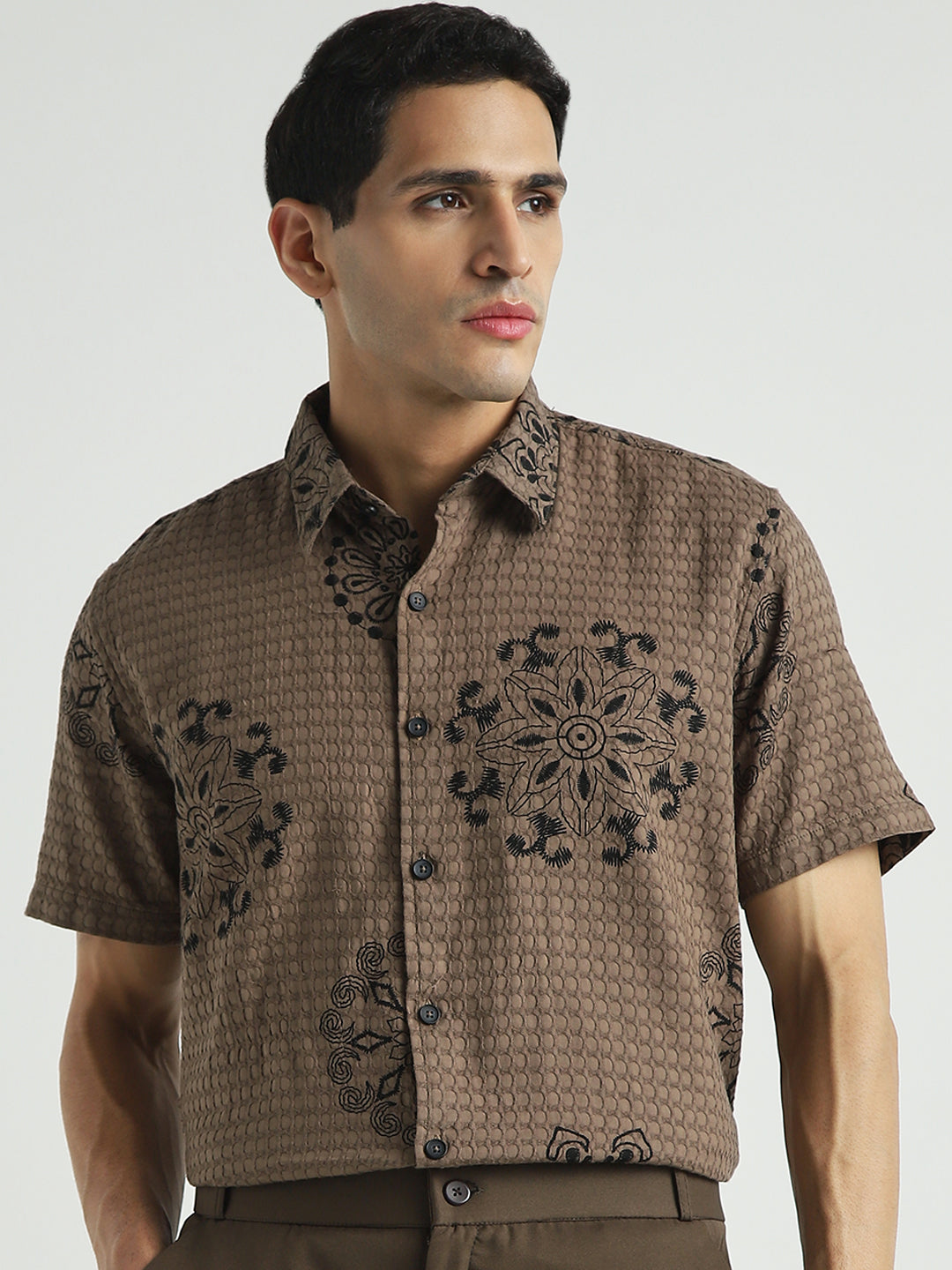 Men Brown Embroidered Pattern Casual Shirt