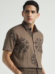 Men Brown Embroidered Pattern Casual Shirt