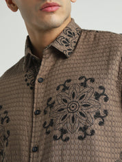 Men Brown Embroidered Pattern Casual Shirt