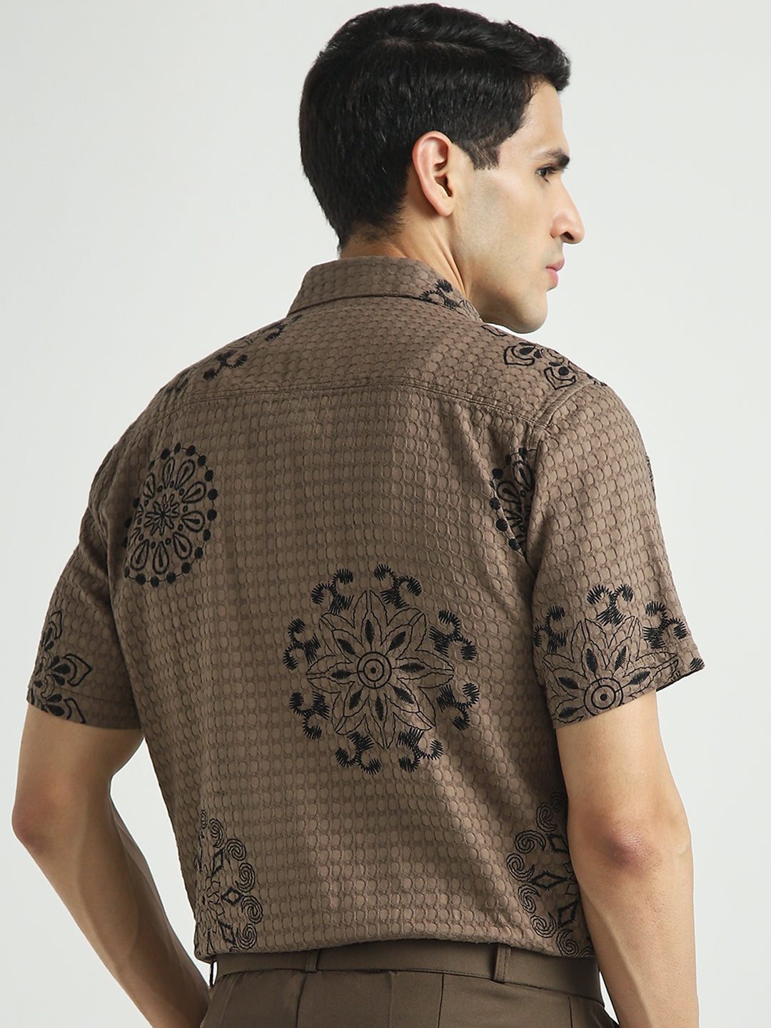 Men Brown Embroidered Pattern Casual Shirt