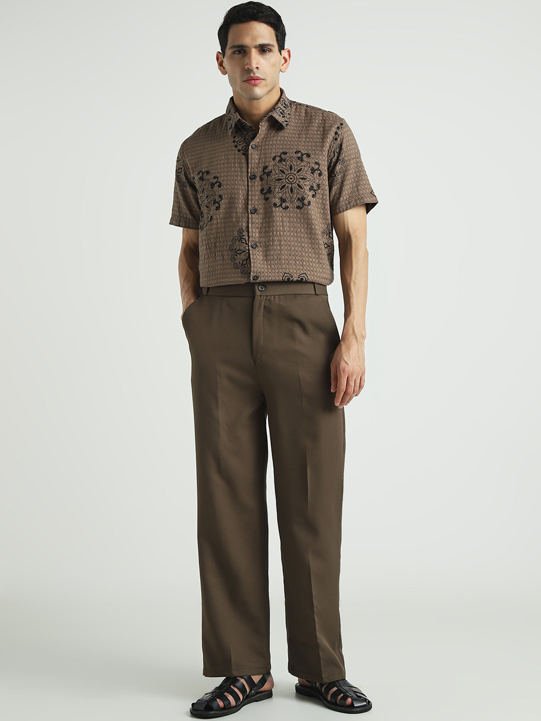 Men Brown Embroidered Pattern Casual Shirt