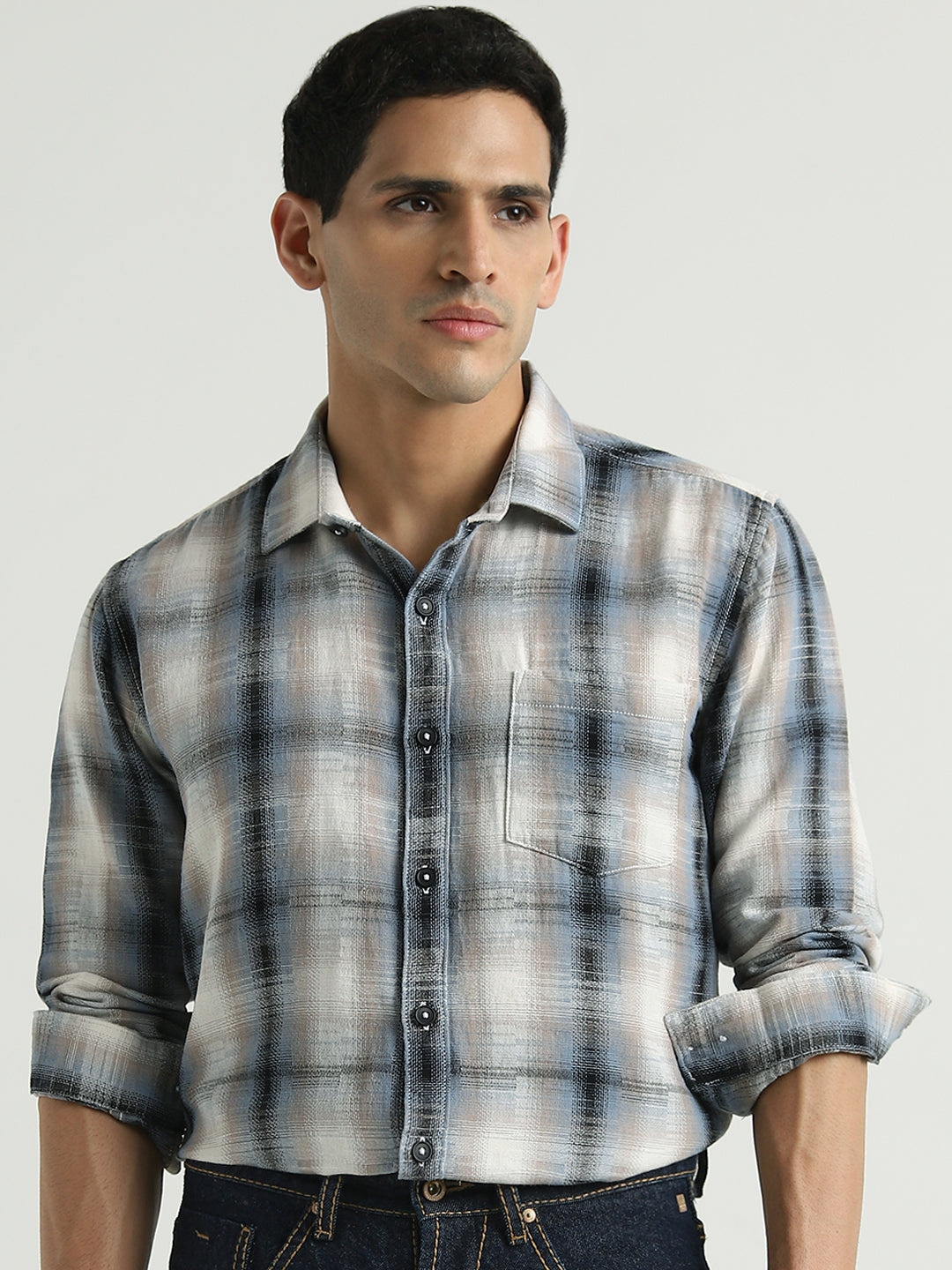 Men Grey Checked Casual Shirt
