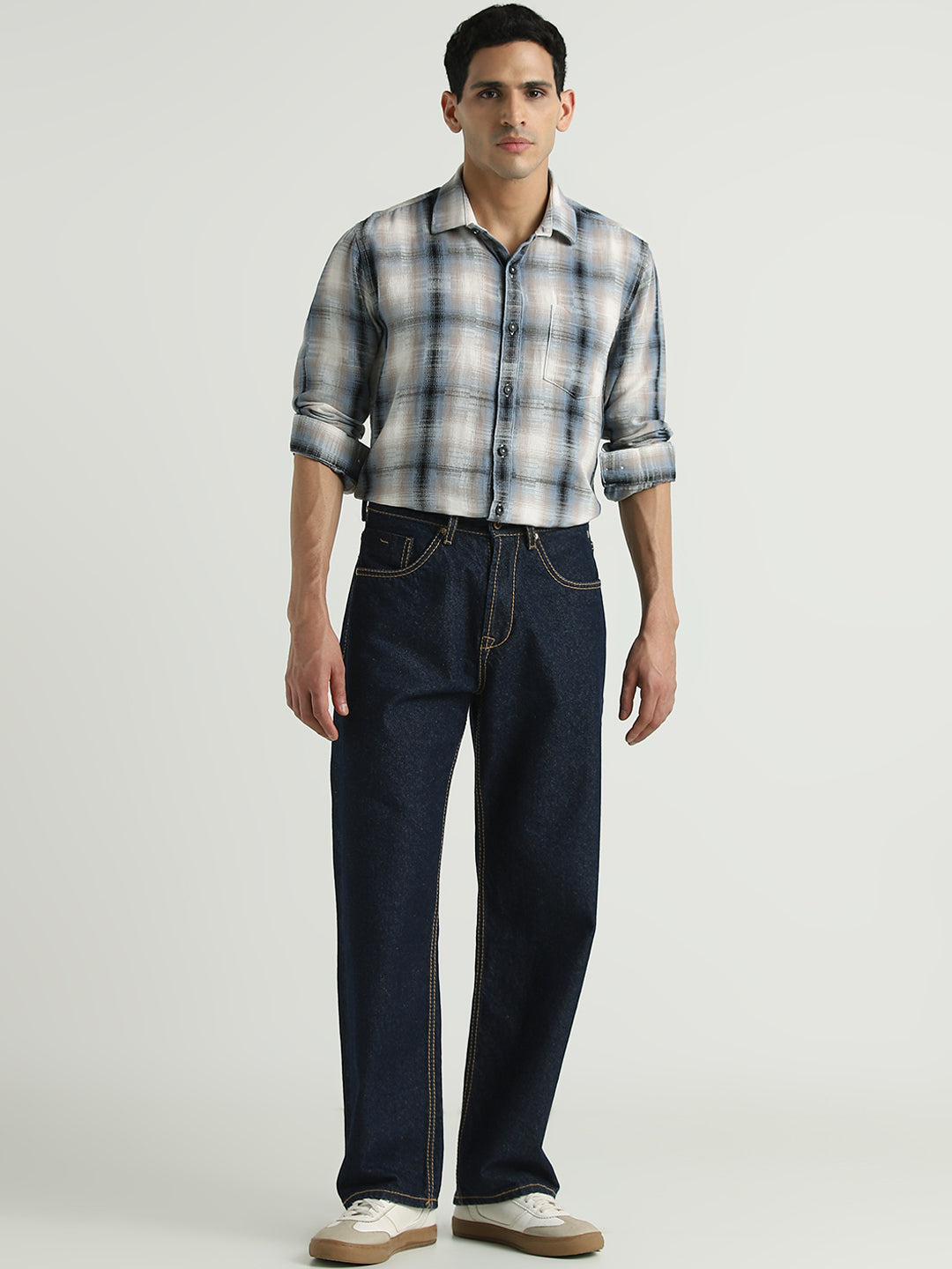 Men Grey Checked Casual Shirt