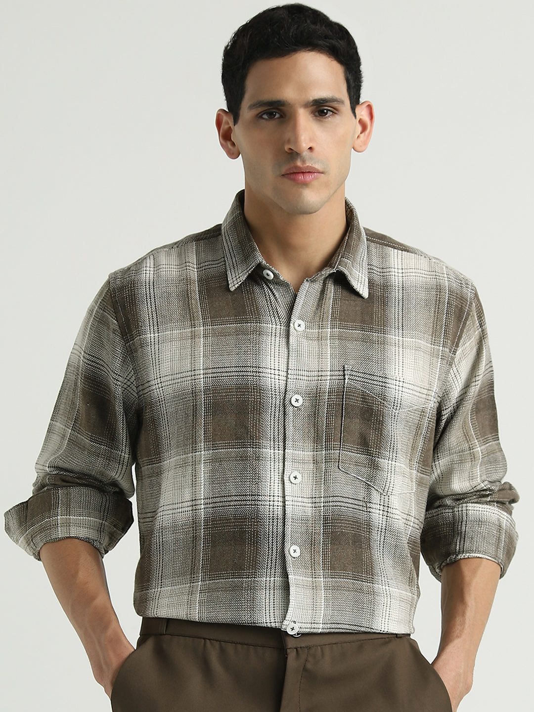 Men Olive Checked Relaxed Fit Shirt