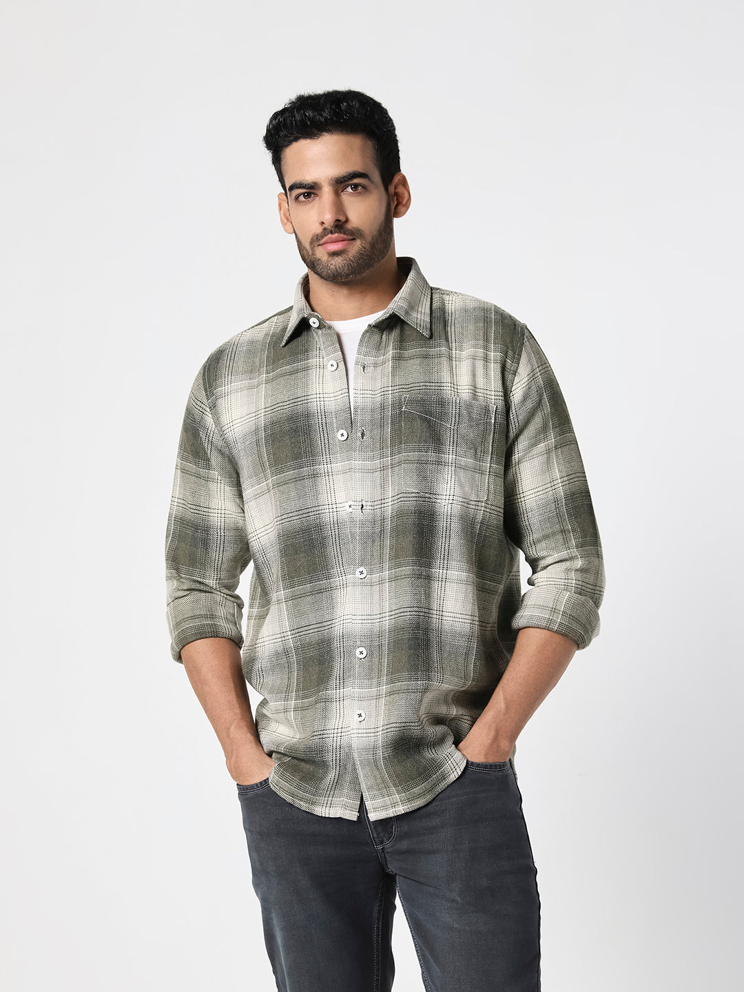 Men Olive Green Checked Relaxed Fit Shirt