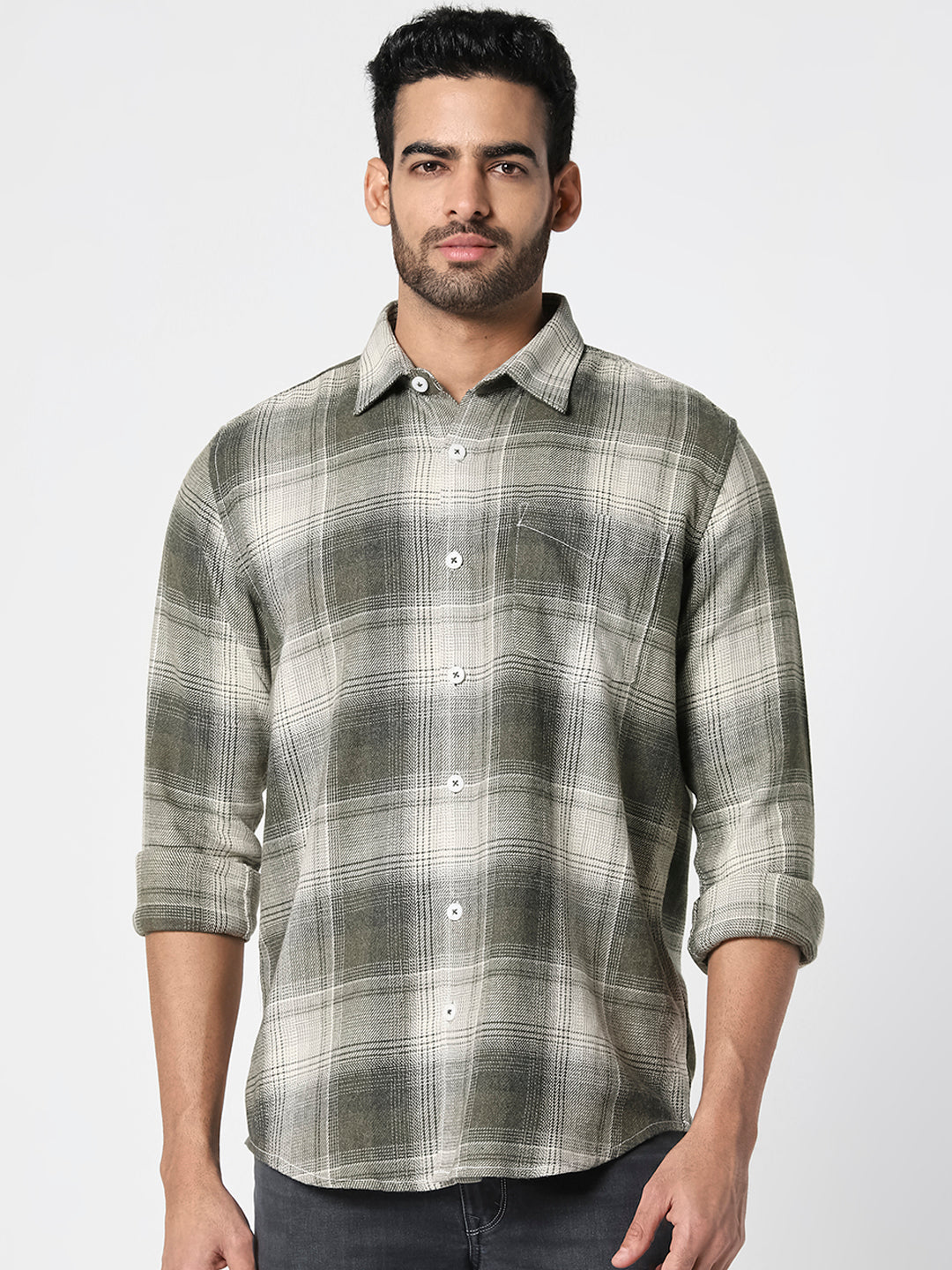 Men Olive Green Checked Relaxed Fit Shirt
