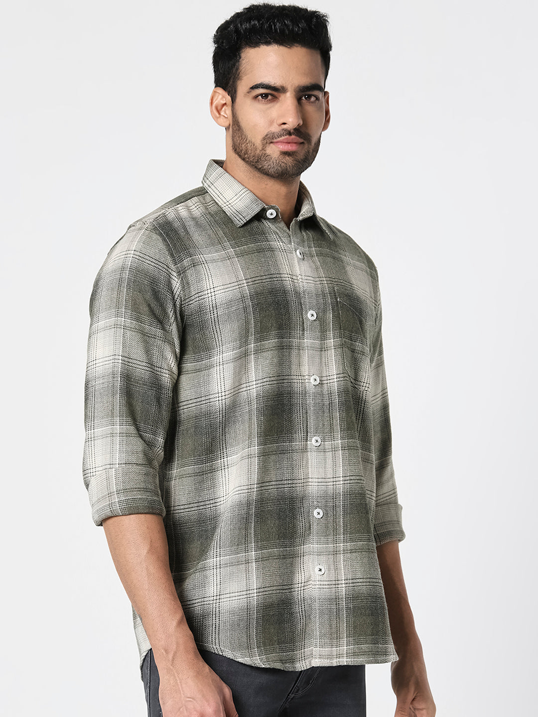 Men Olive Green Checked Relaxed Fit Shirt