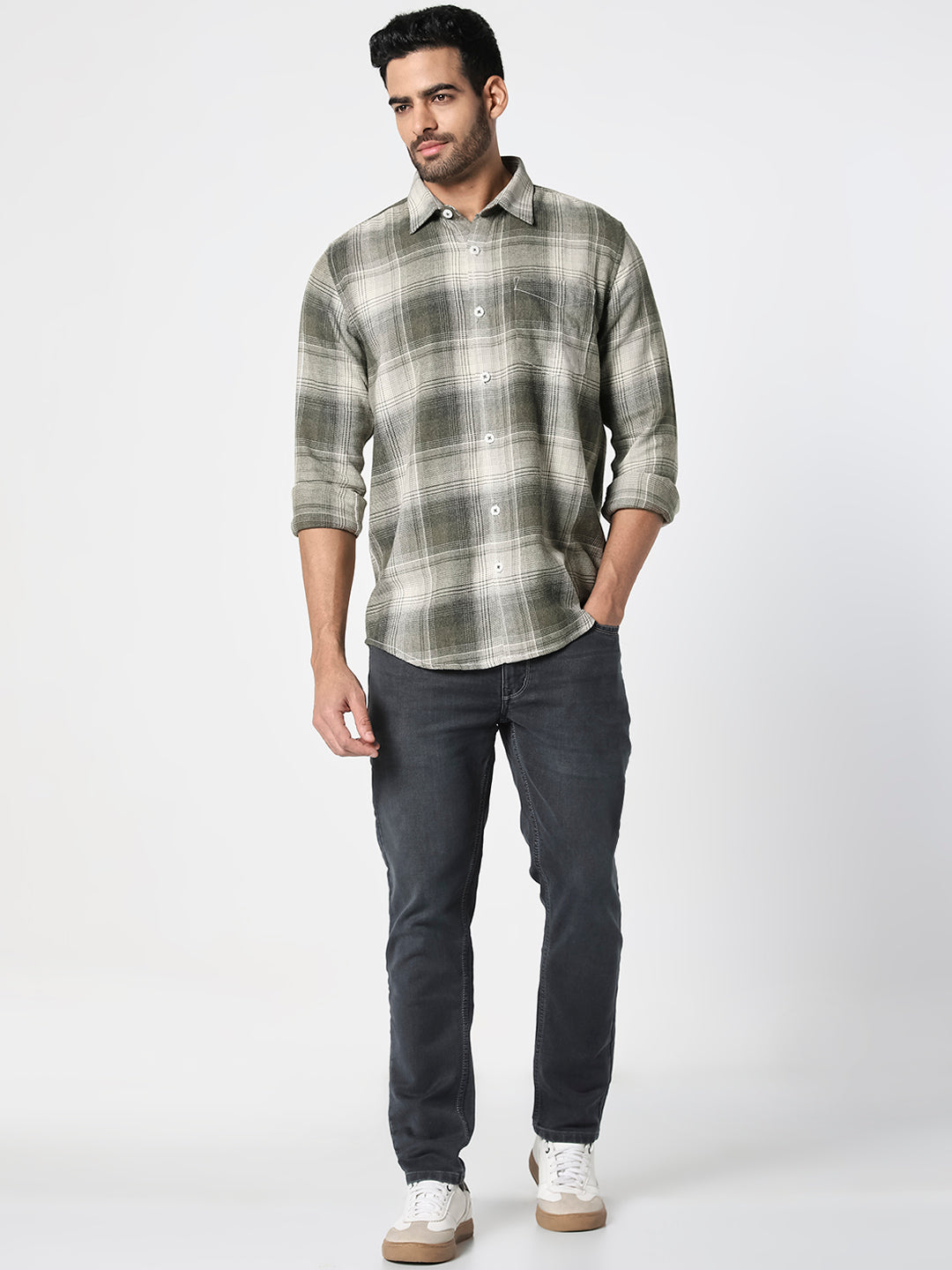 Men Olive Green Checked Relaxed Fit Shirt