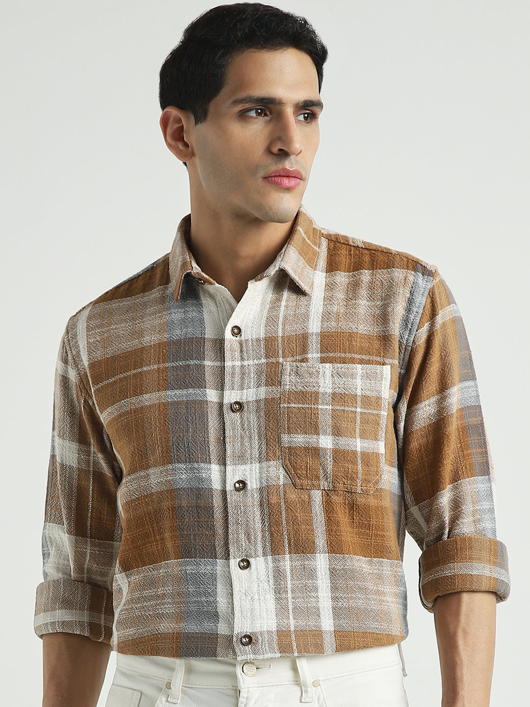 Men Brown Checked Relaxed Fit Shirt