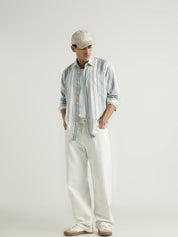 White & Teal Vertical Striped Casual Shirt