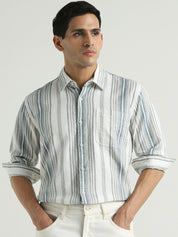White & Teal Vertical Striped Casual Shirt