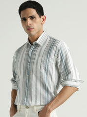White & Teal Vertical Striped Casual Shirt