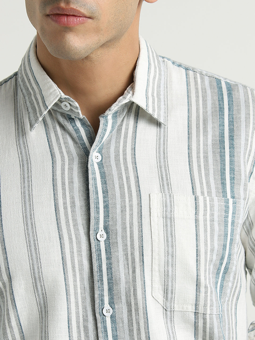 White & Teal Vertical Striped Casual Shirt