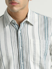 White & Teal Vertical Striped Casual Shirt