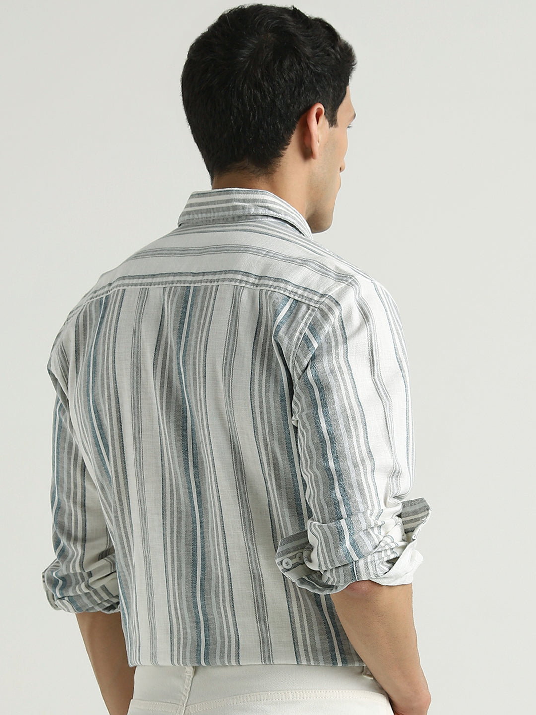 White & Teal Vertical Striped Casual Shirt