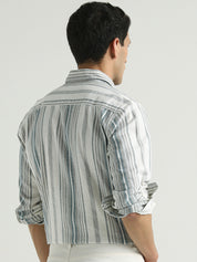 White & Teal Vertical Striped Casual Shirt