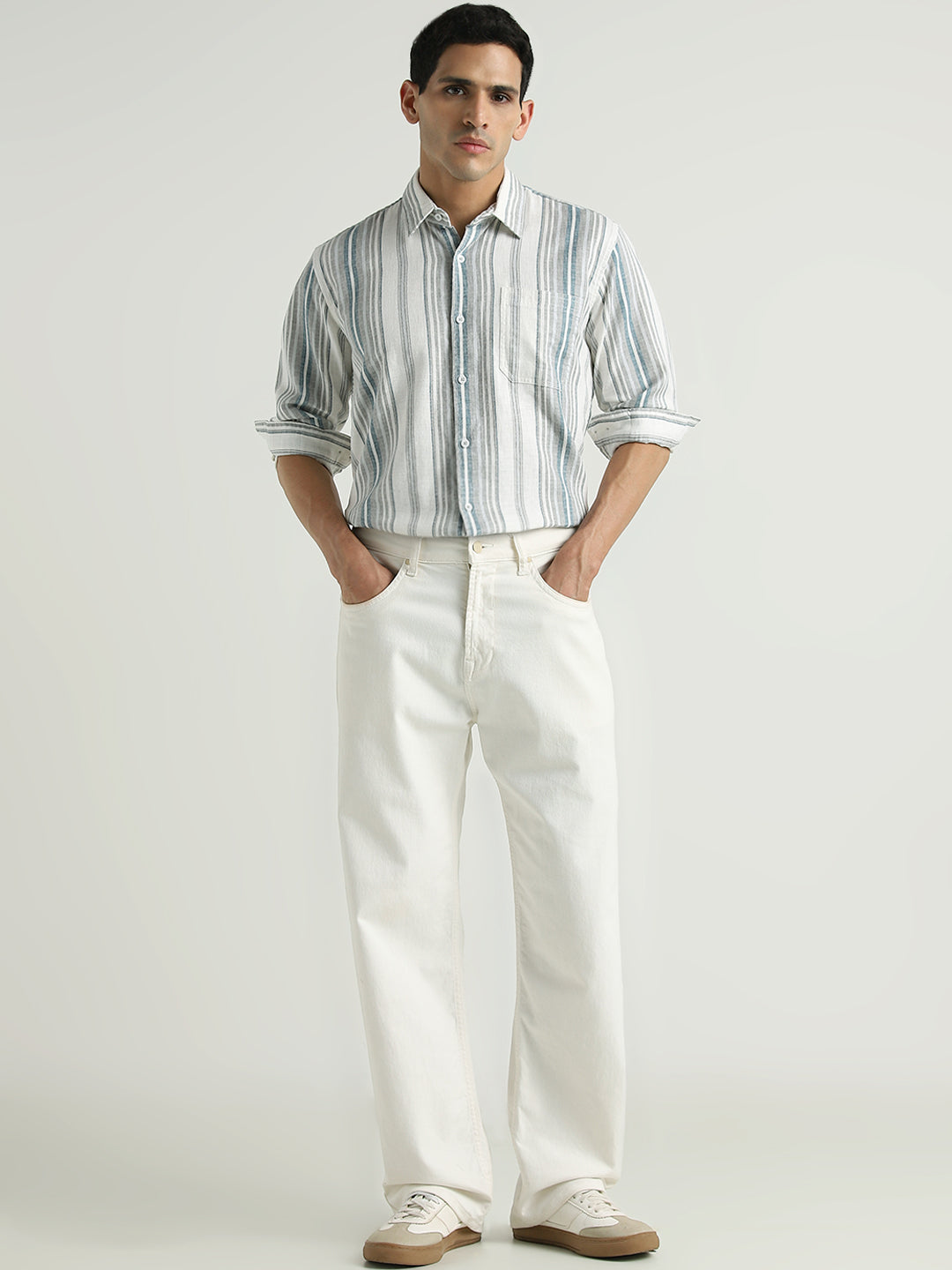 White & Teal Vertical Striped Casual Shirt