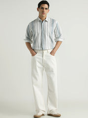 White & Teal Vertical Striped Casual Shirt