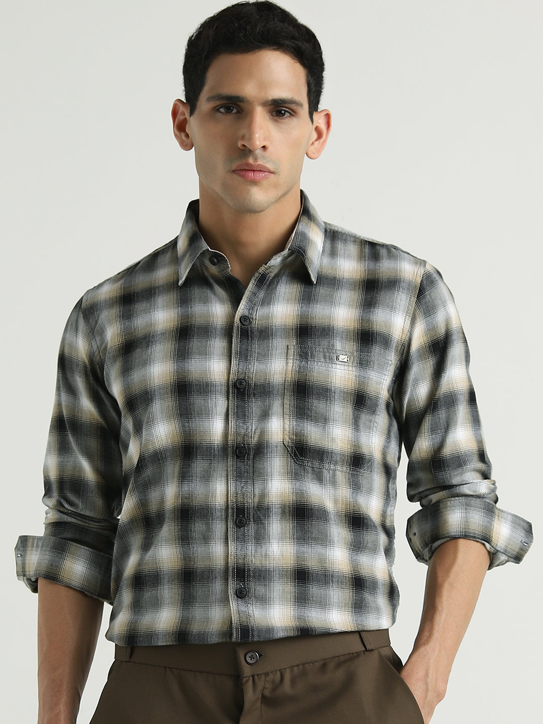 Grey & Black Checked Casual Shirt