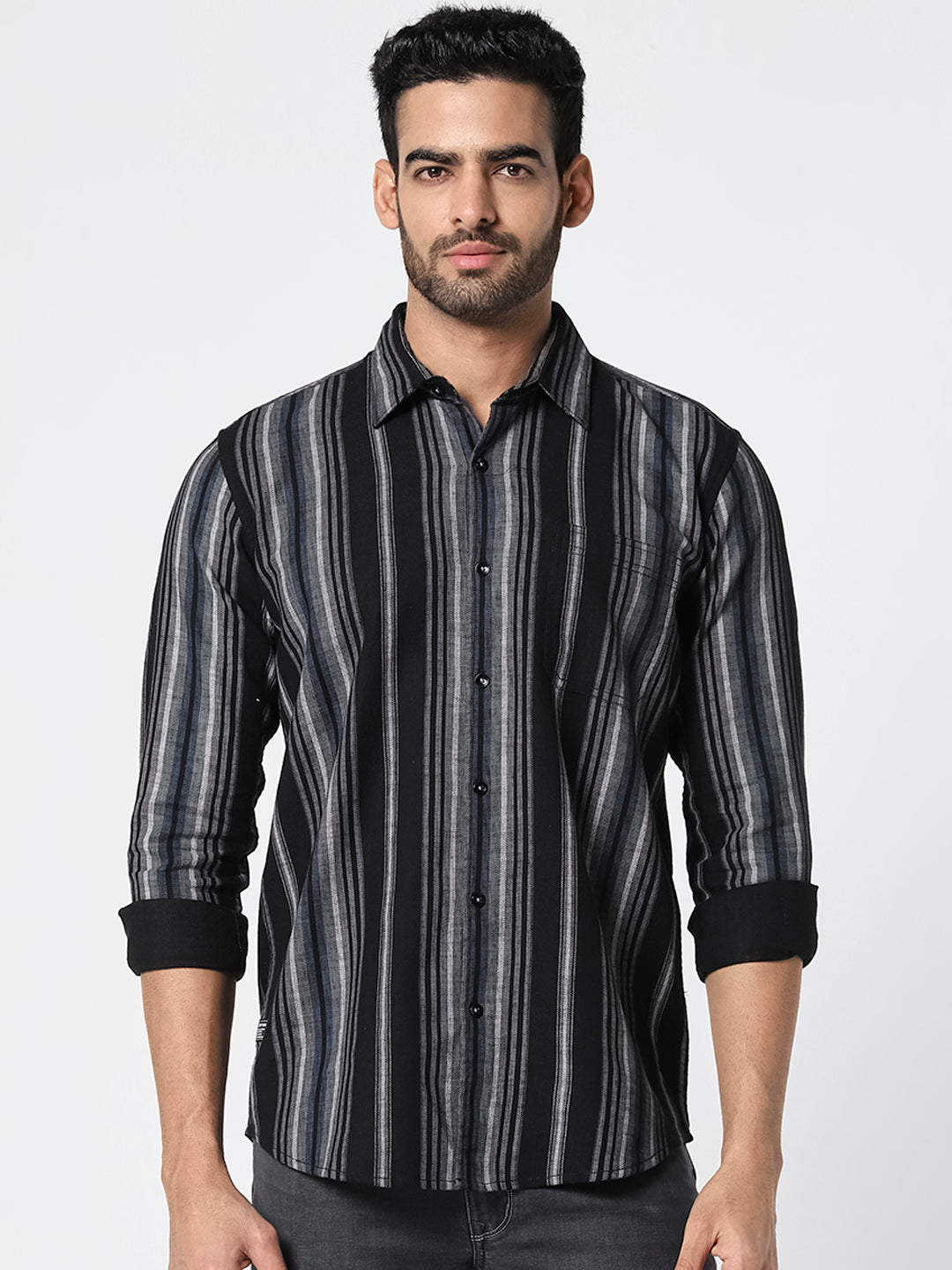 Black & Grey Vertical Striped Casual Shirt