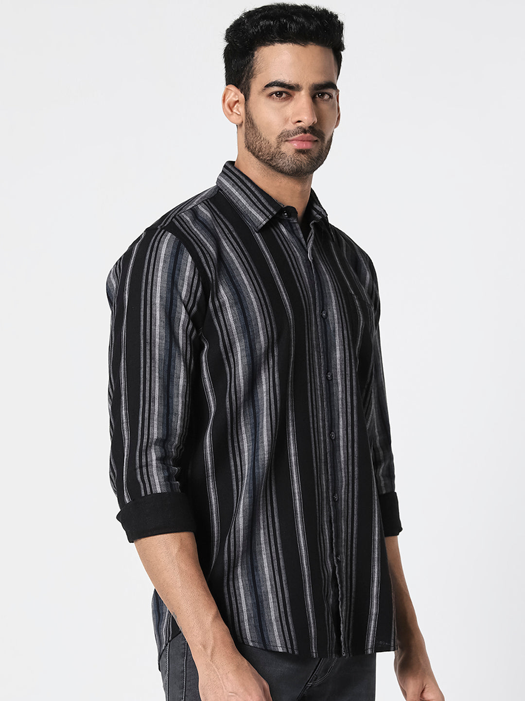 Black & Grey Vertical Striped Casual Shirt