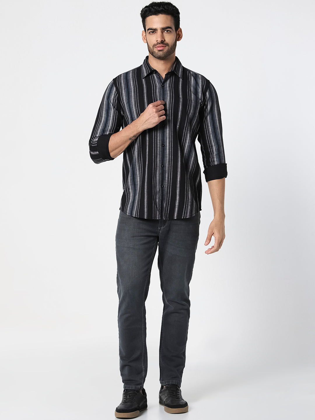 Black & Grey Vertical Striped Casual Shirt