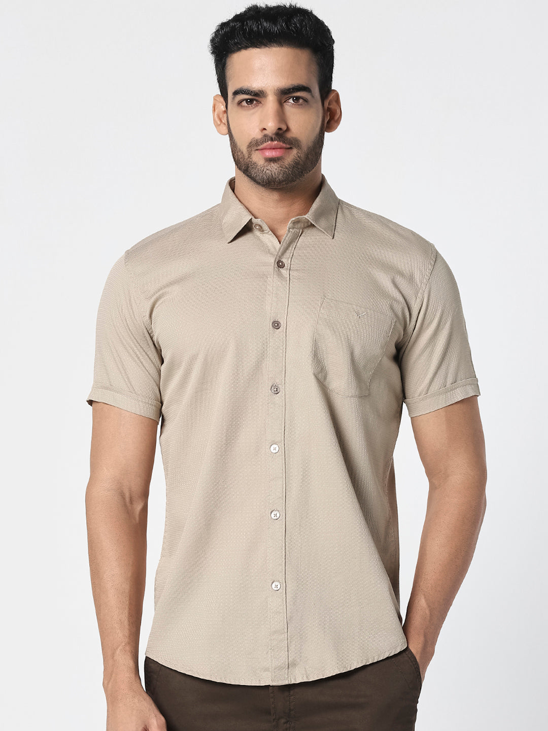 Men Beige Solid Textured Casual Shirt