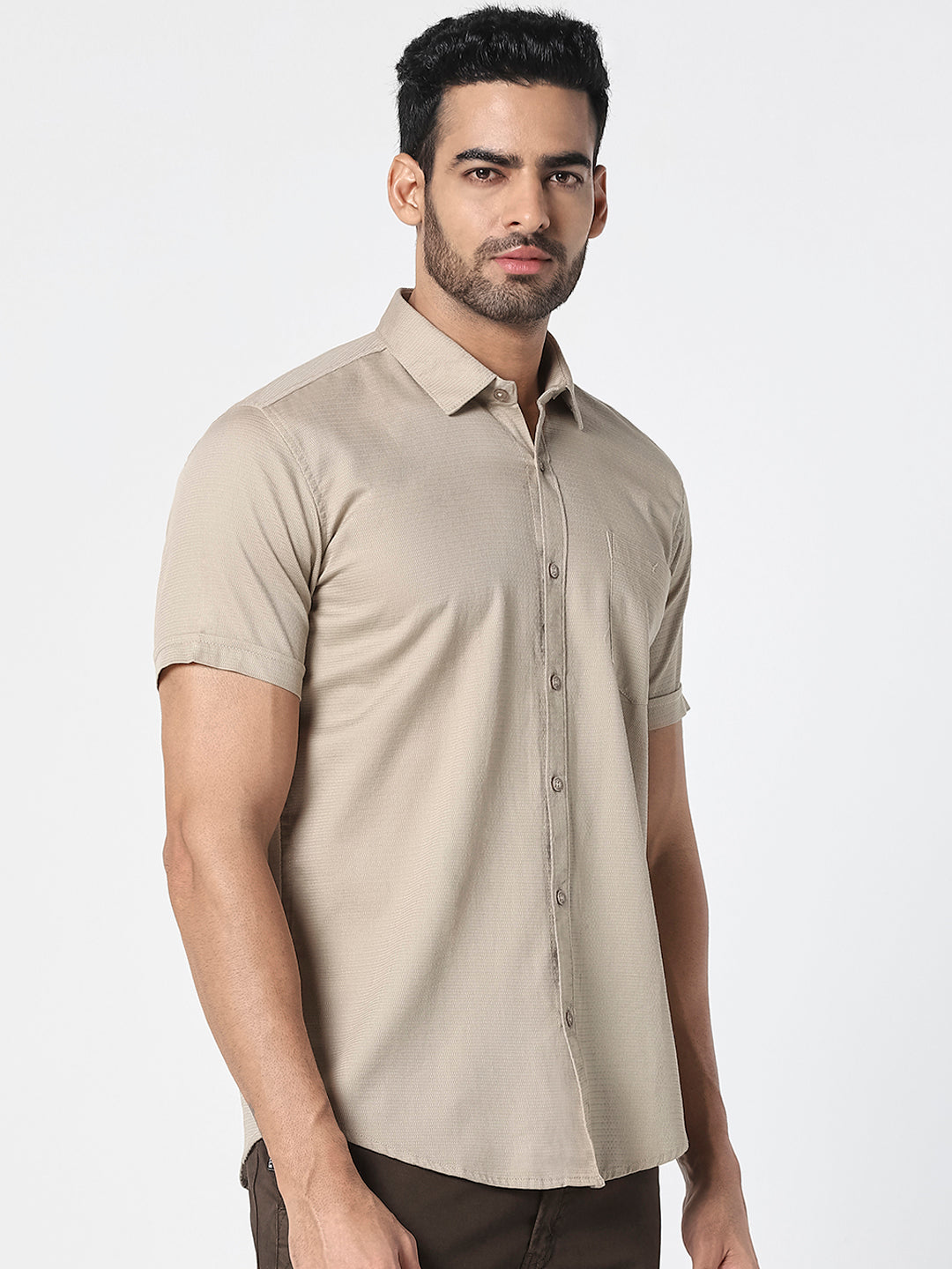 Men Beige Solid Textured Casual Shirt