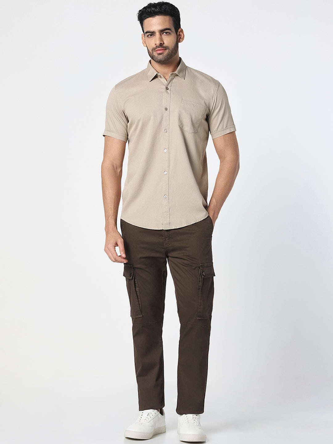 Men Beige Solid Textured Casual Shirt