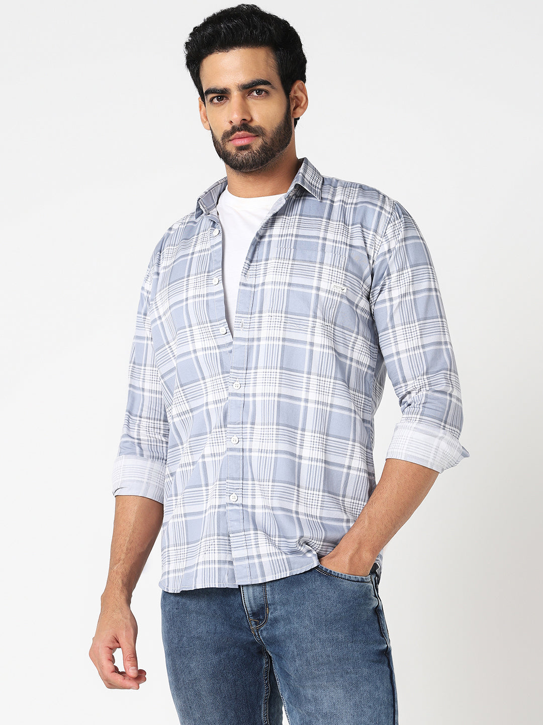 Blue & White Checked Casual Shirt