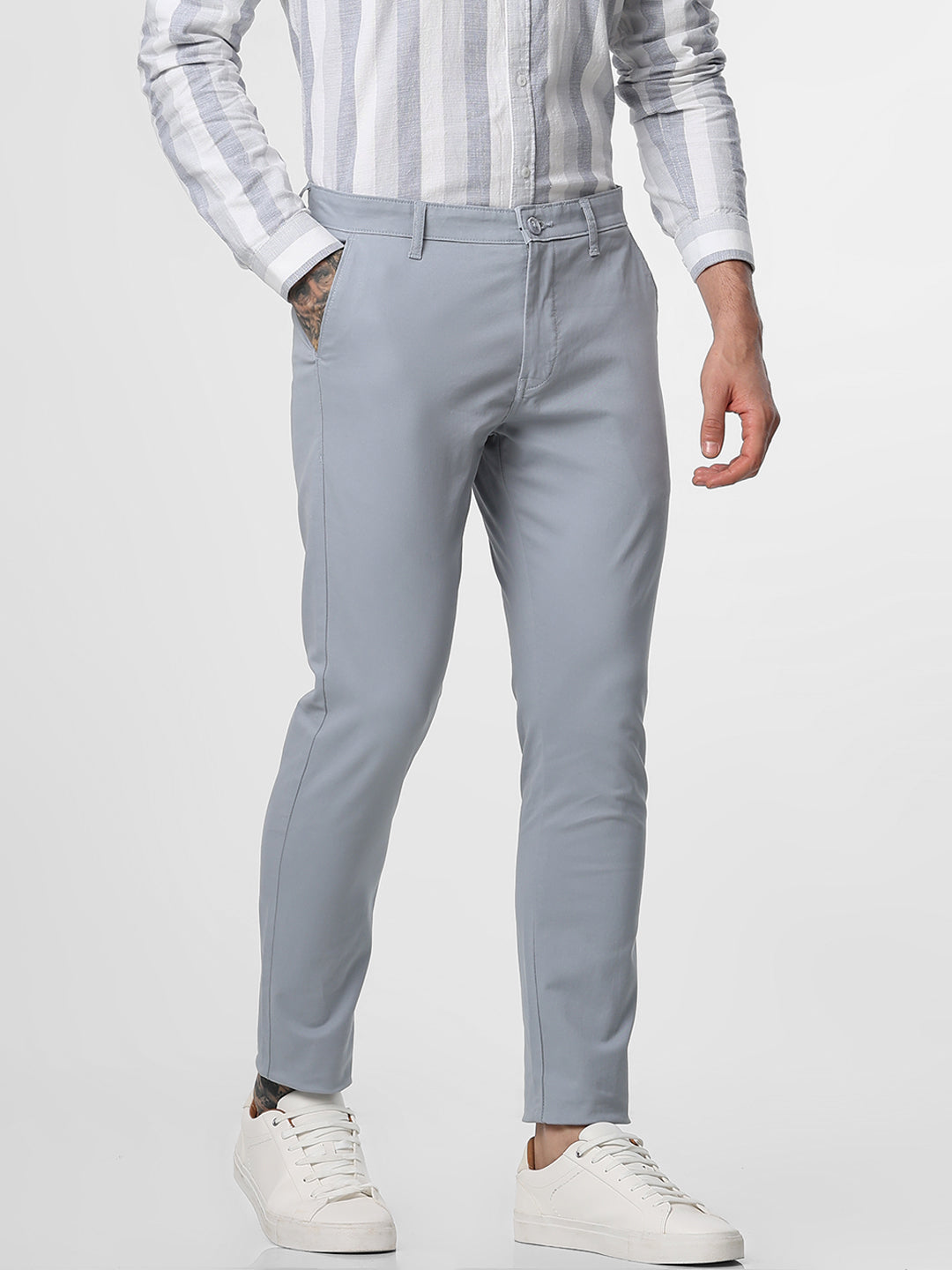 Cement Grey Solid Ankle Length Trouser