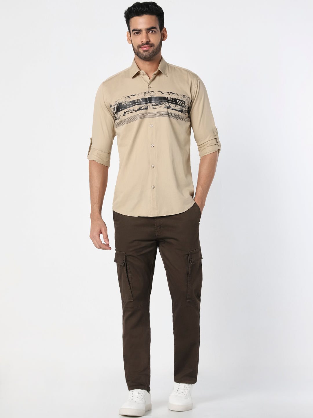 Brown Solid Cargo Slim Fit Trouser