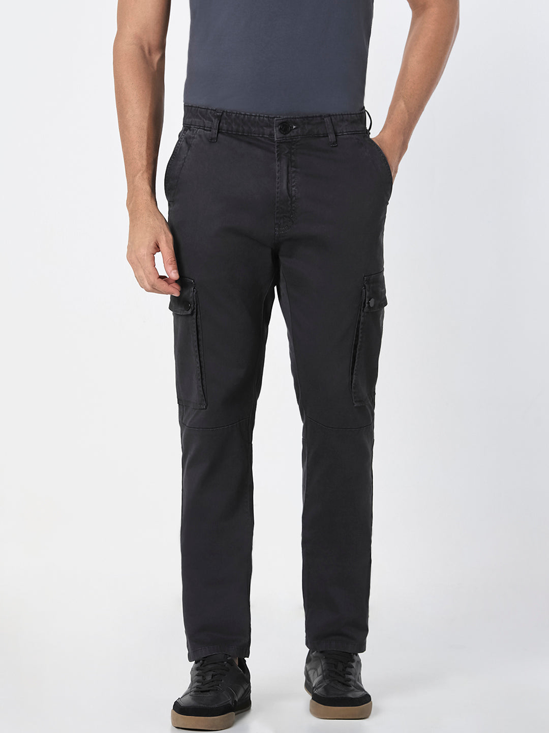 Charcoal Black Straight Fit Cargo Trousers