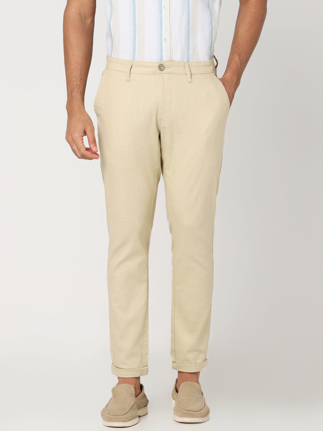 Beige Textured Slim Fit Trouser