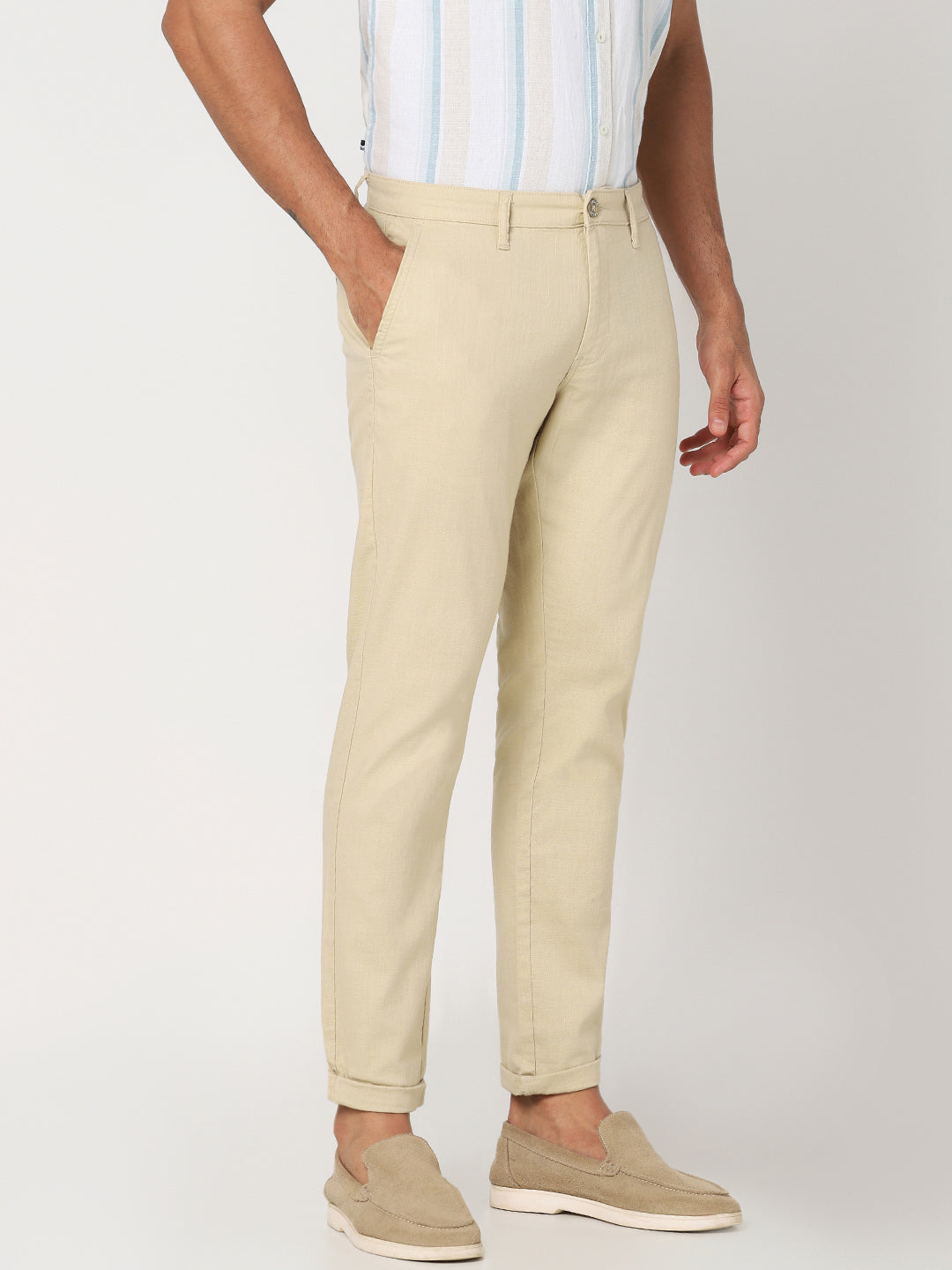 Beige Textured Slim Fit Trouser