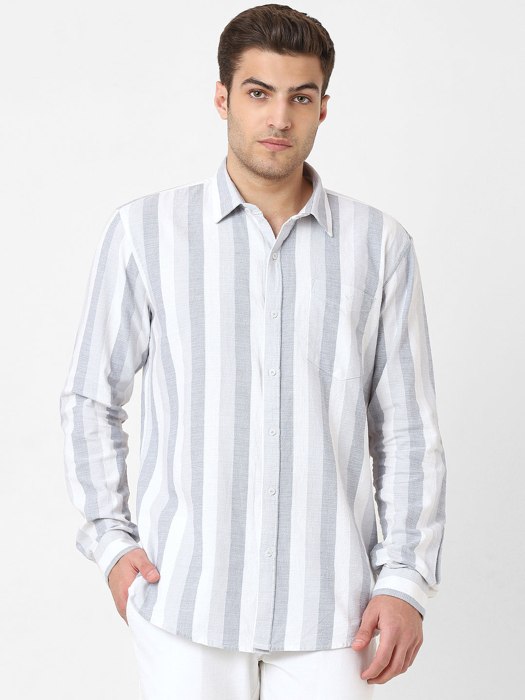 Mens Light Grey Striped Casual Shirt