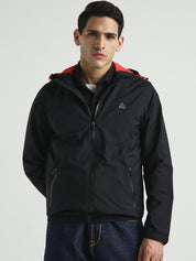 Men's Black Hooded Solid Windcheater Jacket
