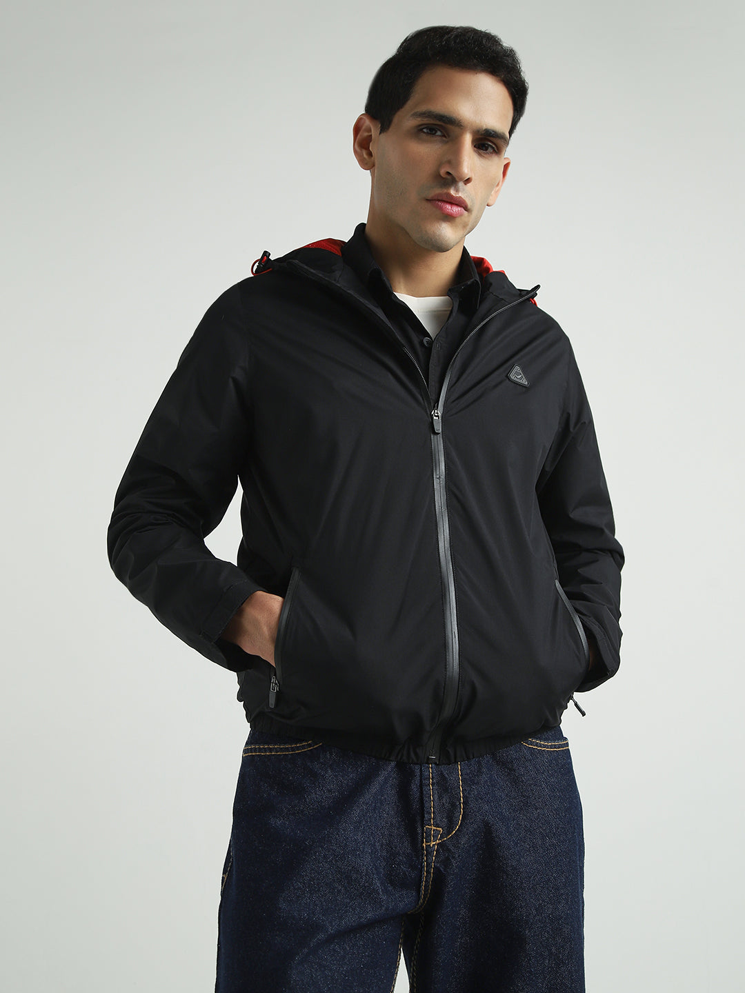 Men's Black Hooded Solid Windcheater Jacket