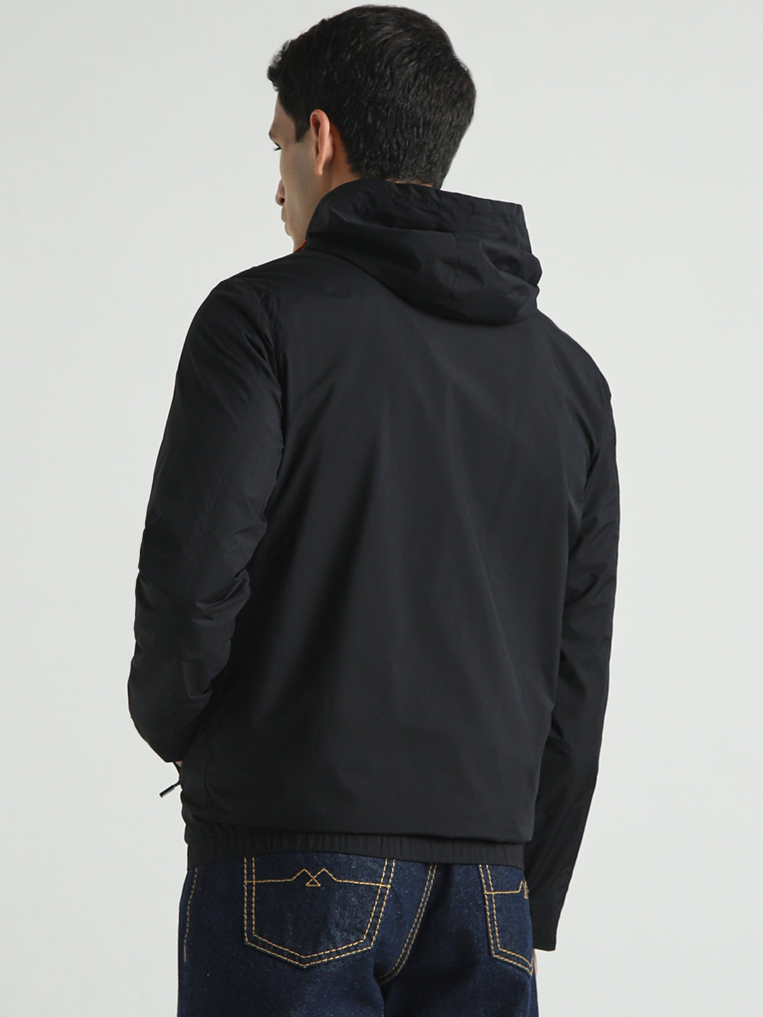 Men's Black Hooded Solid Windcheater Jacket