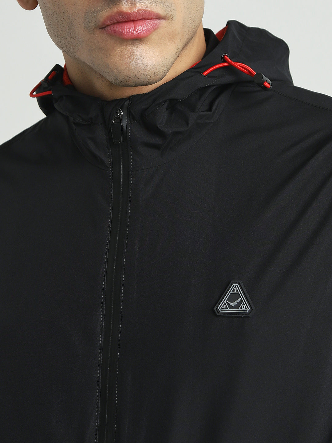 Men's Black Hooded Solid Windcheater Jacket