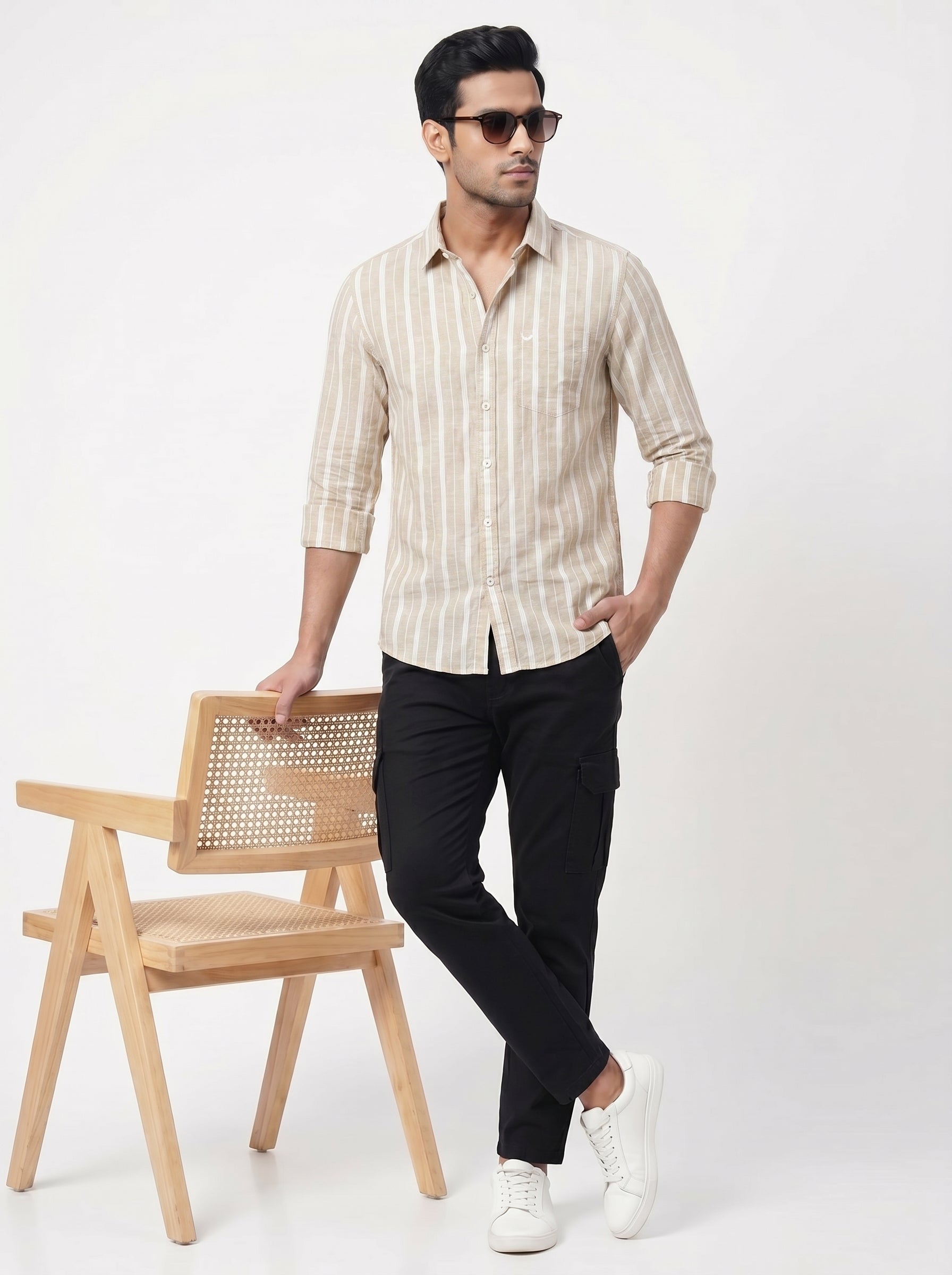 Men's Dark Beige Vertical Striped Shirt
