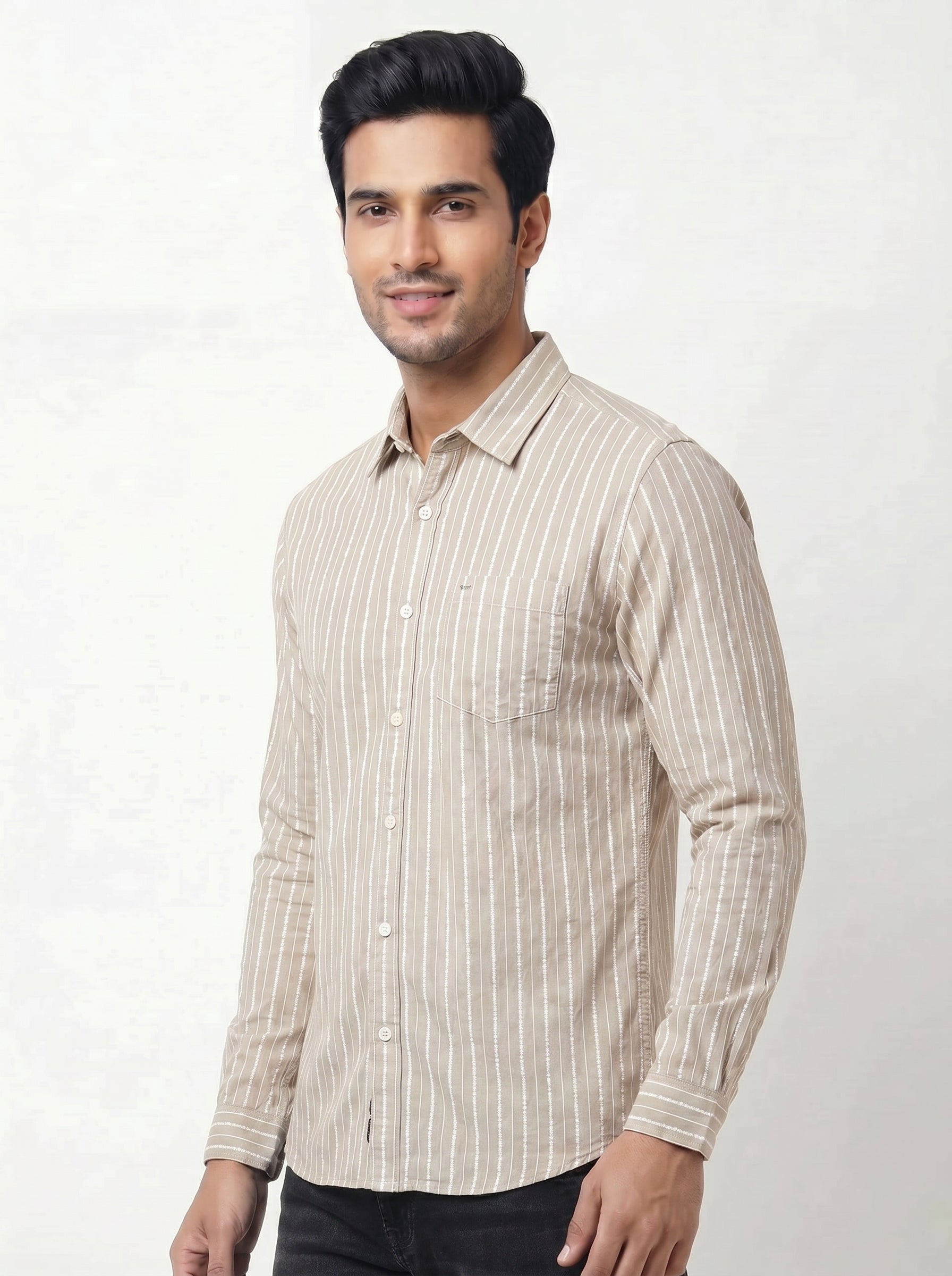 Men's Mustard Beige Striped Shirt