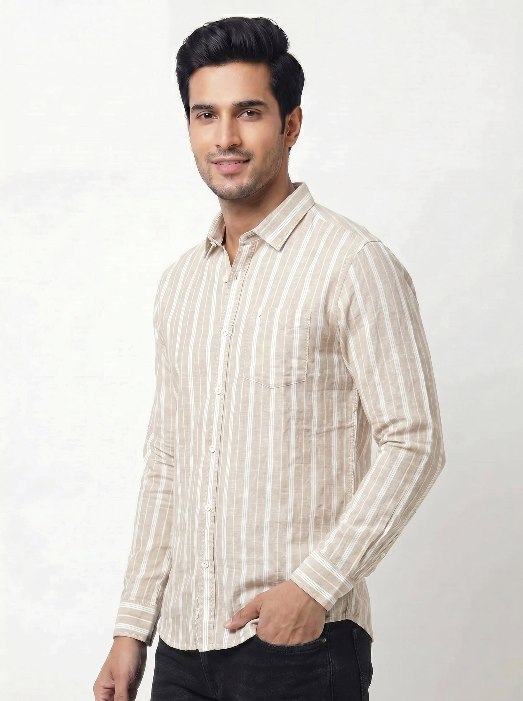 Men's Dark Beige Vertical Striped Shirt