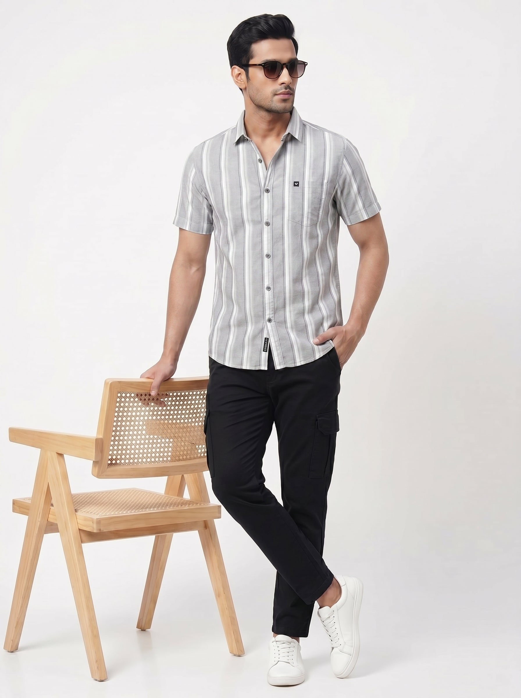 Men's Light Grey Vertical Striped Shirt