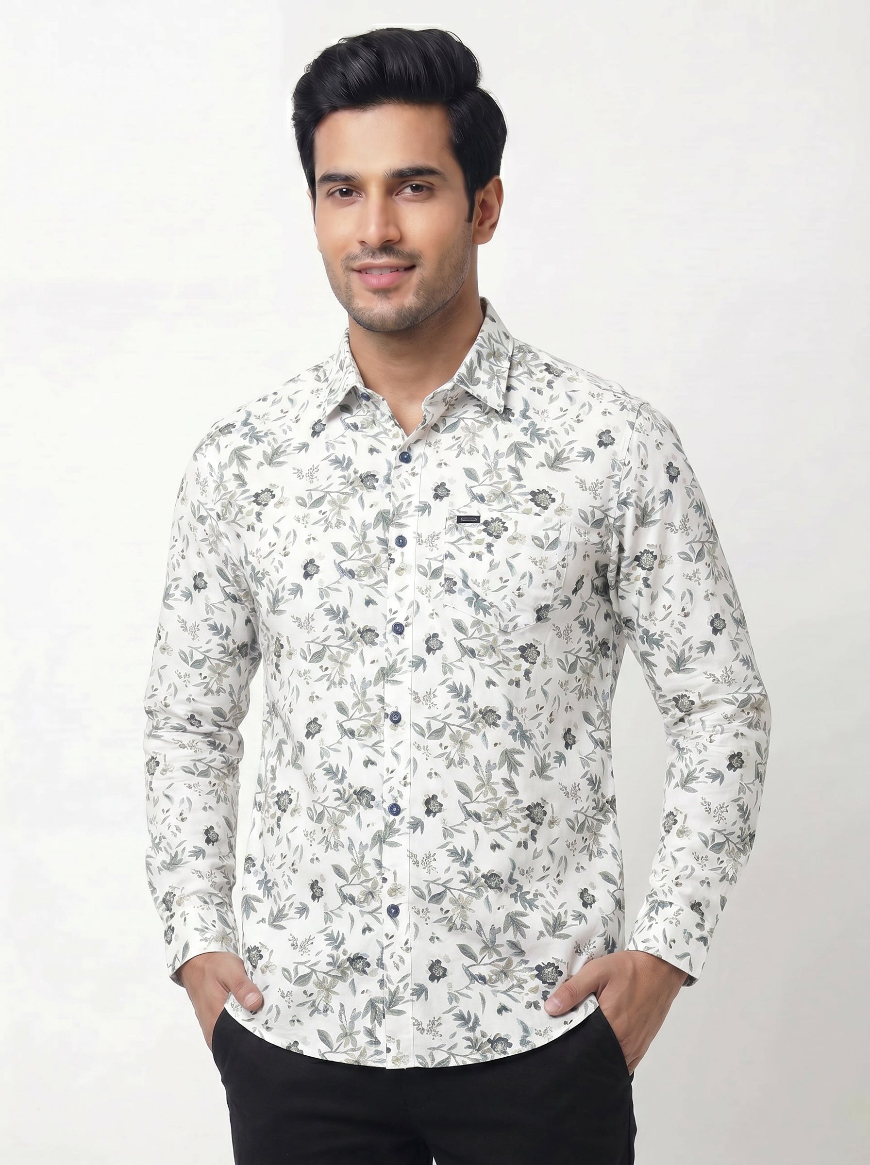 Men's Off White Floral Printed Casual Shirt