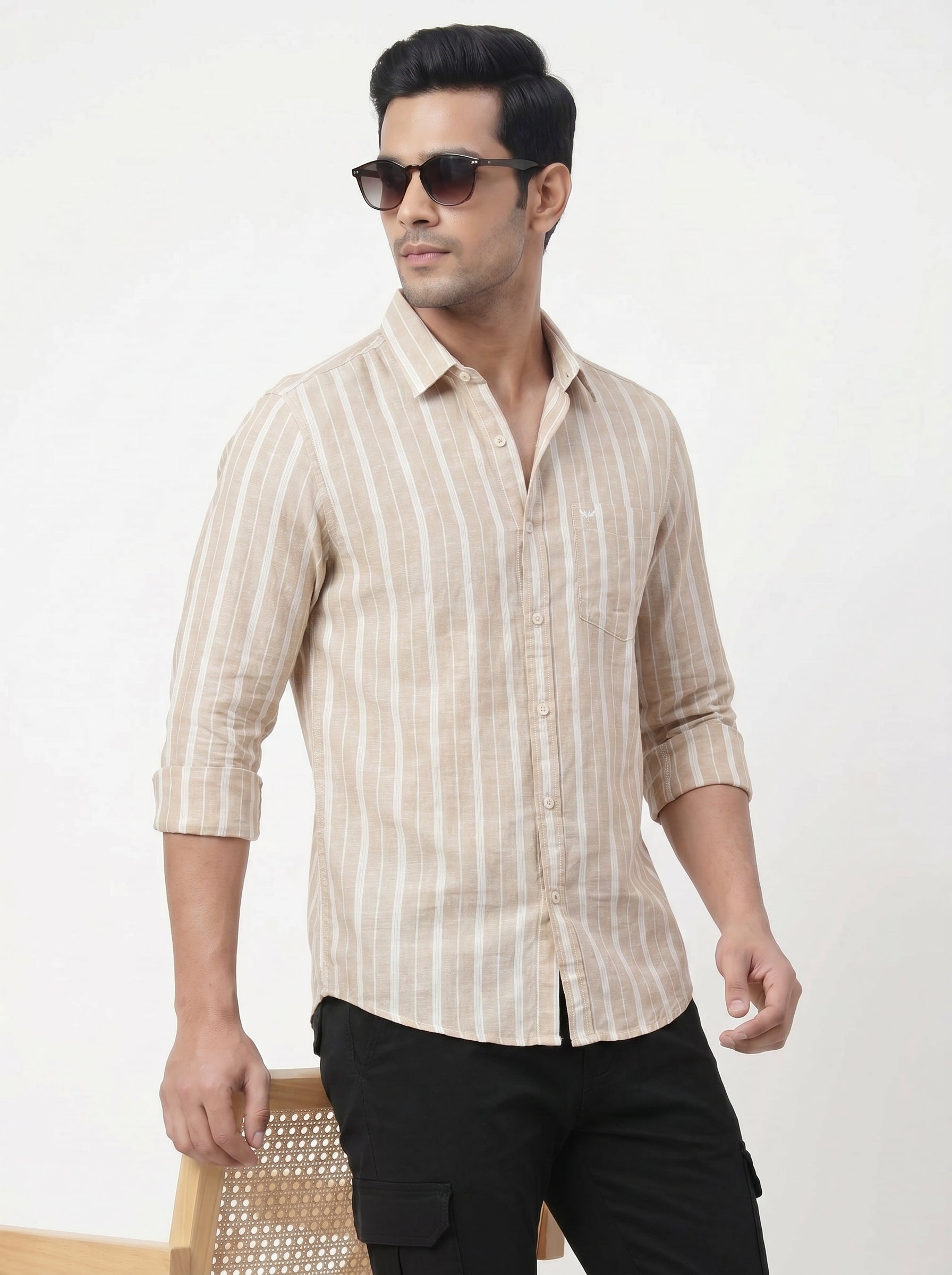 Men's Dark Beige Vertical Striped Shirt