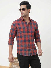 Men's Red & Navy Blue Checked Shirt