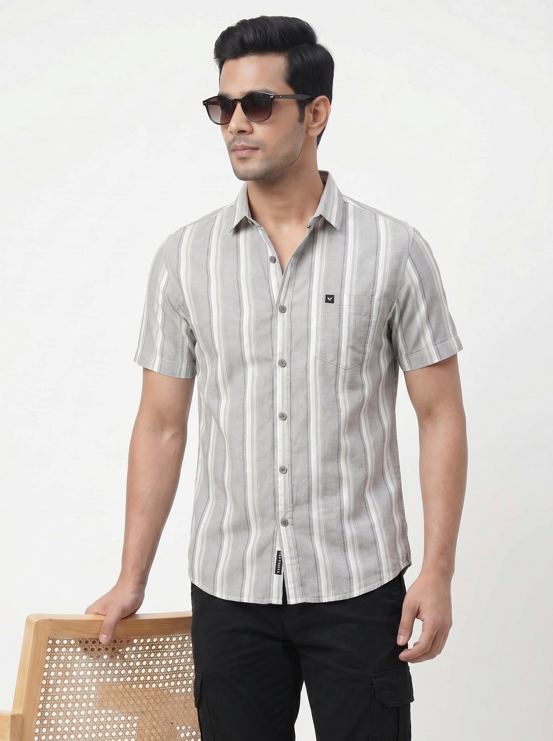 Men's Light Grey Vertical Striped Shirt