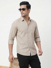 Men's Mustard Beige Striped Shirt