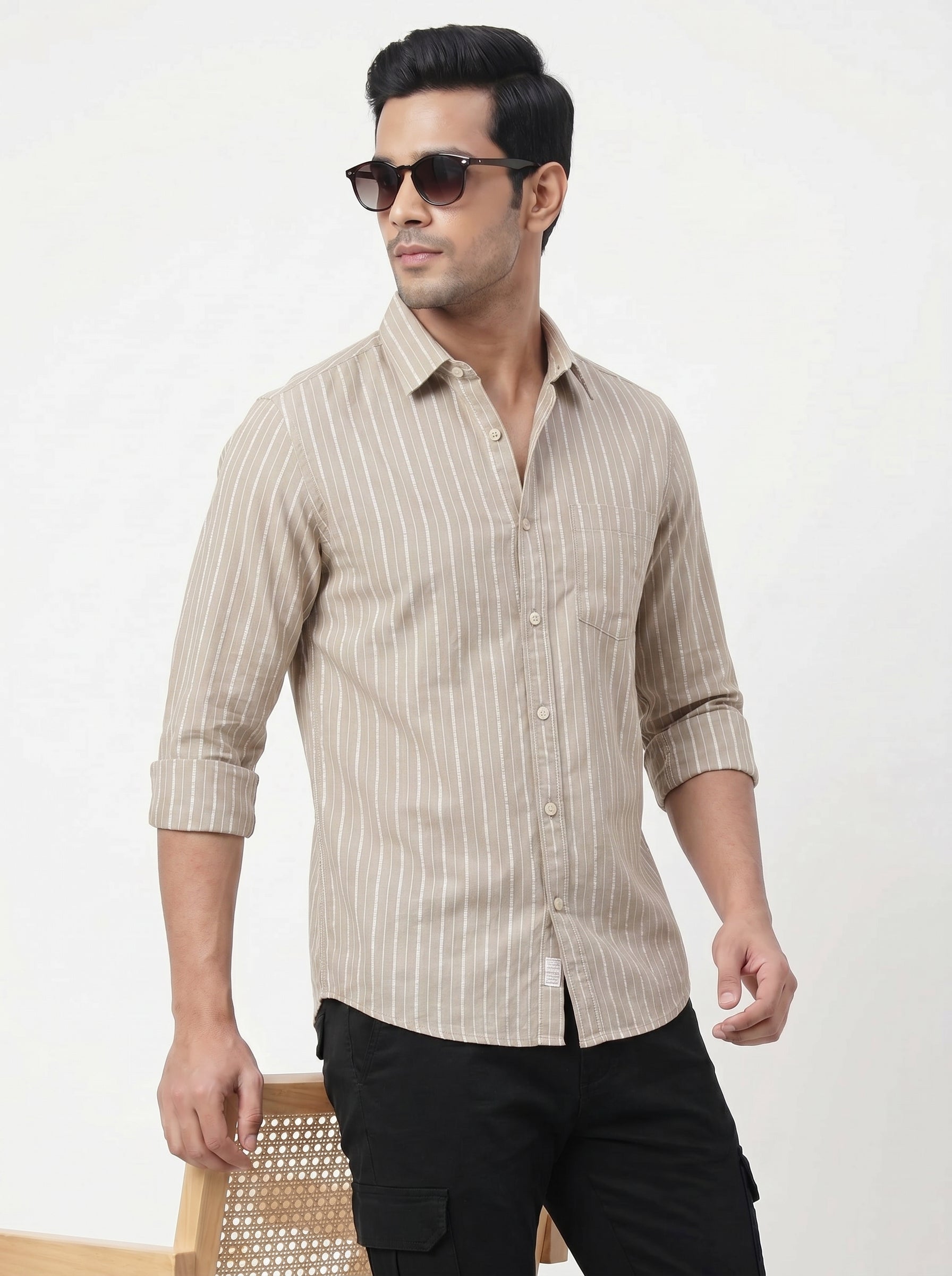 Men's Mustard Beige Striped Shirt